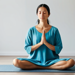 A serene woman in modest, comfortable, fully clothed wellness attire, in a minimalist, tranquil home studio bathed in soft natural light. She is in a natural, meditative pose, conveying inner peace and self-connection. The setting emphasizes calm and personal well-being. Perfect anatomy, correct proportions, well-formed hands, proper finger count, natural body proportions. Professional studio photography, high quality, safe for work, appropriate content, fully clothed, modest, family-friendly.