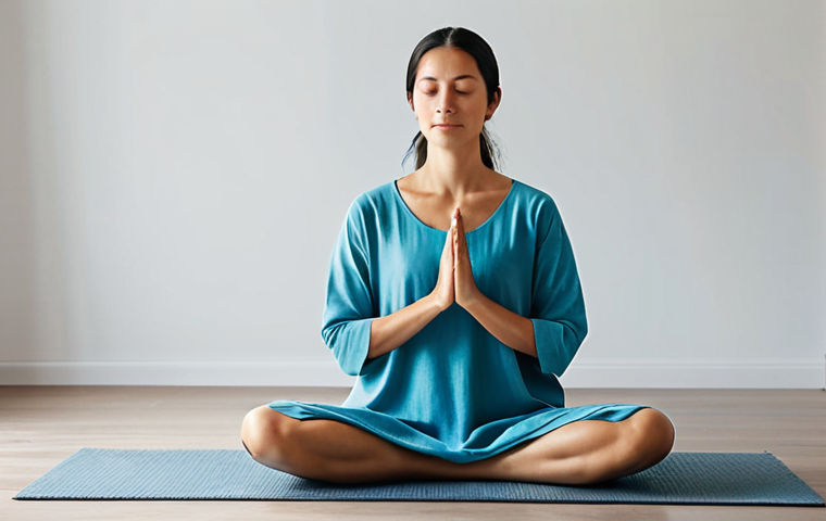 A serene woman in modest, comfortable, fully clothed wellness attire, in a minimalist, tranquil home studio bathed in soft natural light. She is in a natural, meditative pose, conveying inner peace and self-connection. The setting emphasizes calm and personal well-being. Perfect anatomy, correct proportions, well-formed hands, proper finger count, natural body proportions. Professional studio photography, high quality, safe for work, appropriate content, fully clothed, modest, family-friendly.
