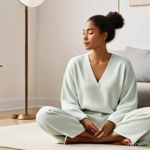 어른용 완구와 캐릭터 저작권 - **Prompt:** "A serene and elegant image of an adult, fully clothed in comfortable, stylish loungewea...