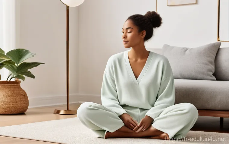 어른용 완구와 캐릭터 저작권 - **Prompt:** "A serene and elegant image of an adult, fully clothed in comfortable, stylish loungewea...