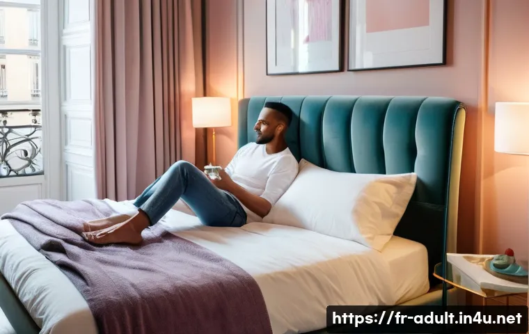 어른용 완구의 사회적 영향 - A tasteful, modern bedroom scene in a Parisian apartment, featuring a diverse adult couple sitting c...